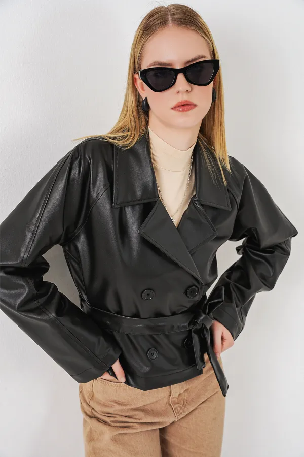 Kadin Kısa Suni Deri Ceket 1058 - Siyah