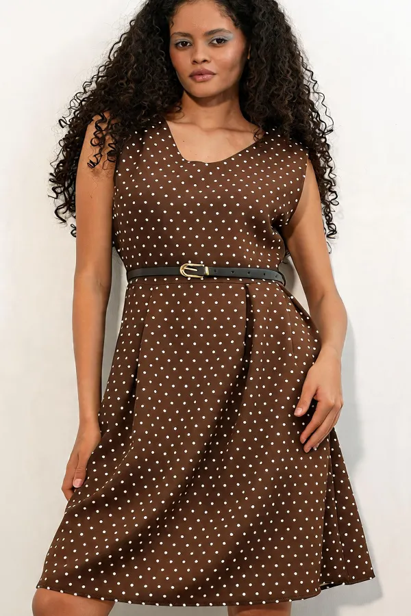 Robe courte à pois et col en V pour femme 2606 - Marron