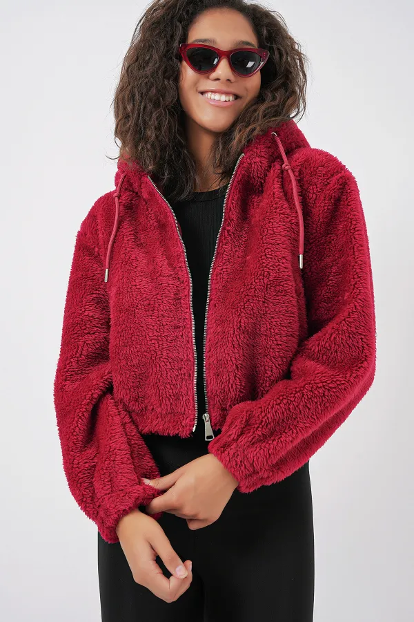 5193 Hooded Plush Crop Jacket - Claret Red