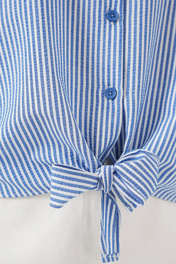 Kadın Önü Bağlamalı Çizgili Gömlek 20323 - Lacivert