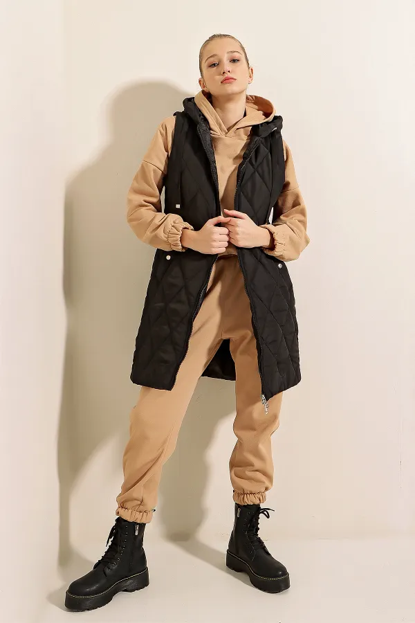 5140 Kapşonlu Uzun Şişme Yelek - Düz Siyah