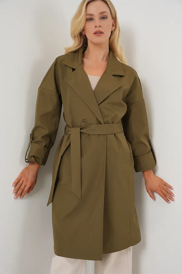 9104 Double-Breasted Lined Trench Coat - Khaki