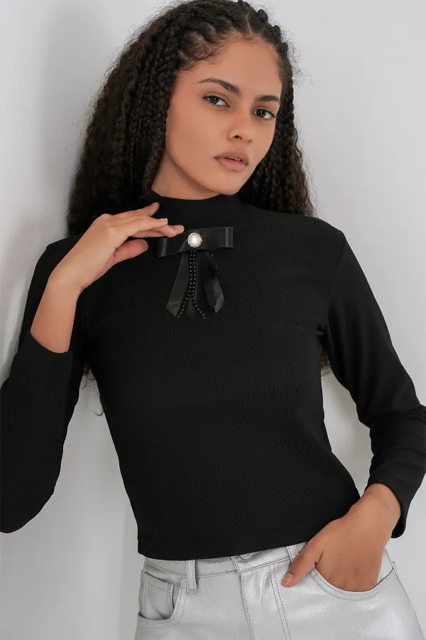 Kadın Kurdale Detay Uzun Kollu Bluz 977 - Siyah