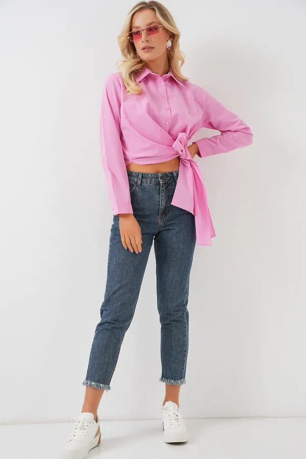 Chemise à manches longues nouée pour femme 20325 - Rose