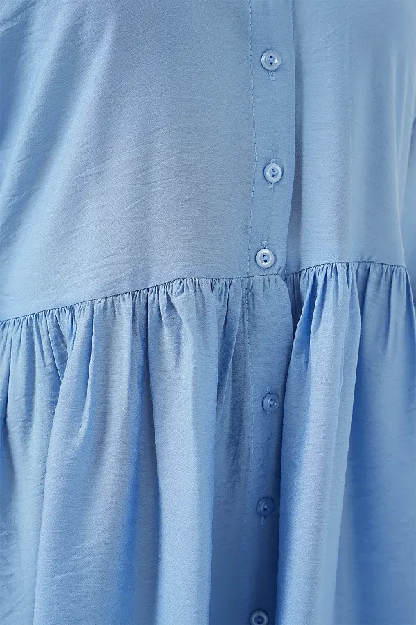 Kadın Düğmeli Kısa Kol Elbise 2559 - İndigo