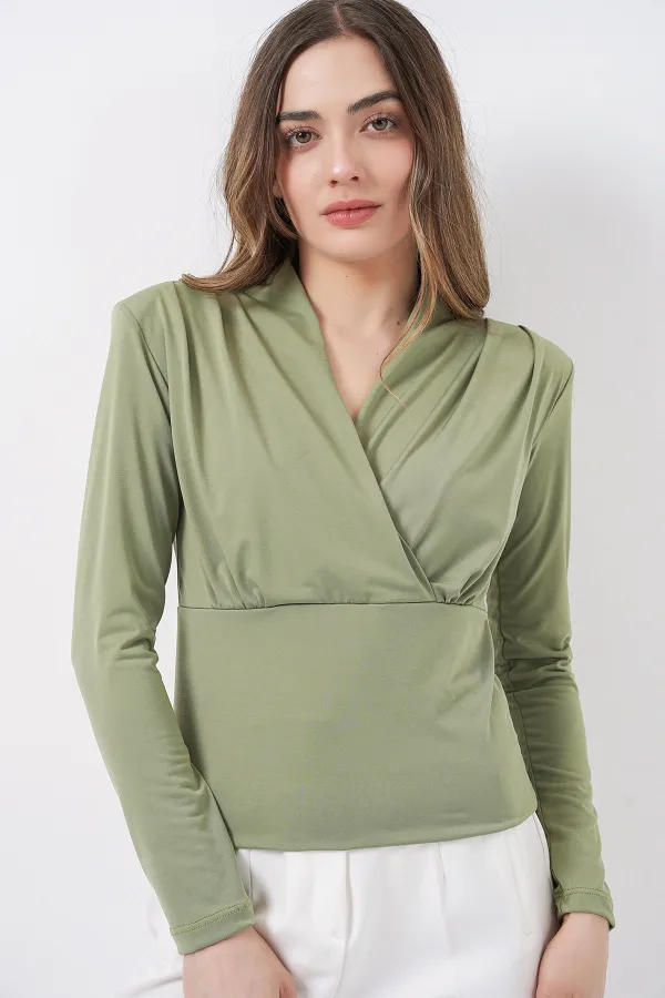 Kadın Omuz Vatkalı Kruvaze Yaka Bluz 942 - E.Yeşil
