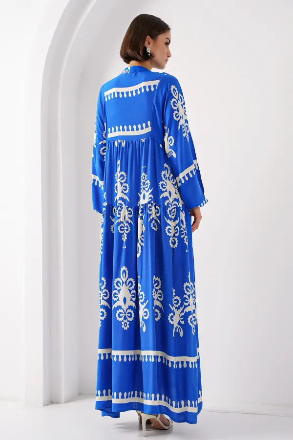 Robe hijab authentique à motifs 2423 - Blanc - Bleu marine