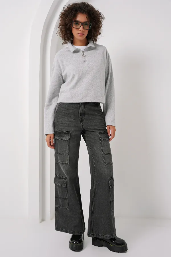 55449 Zippered Collar Knitted Sweatshirt - Gray