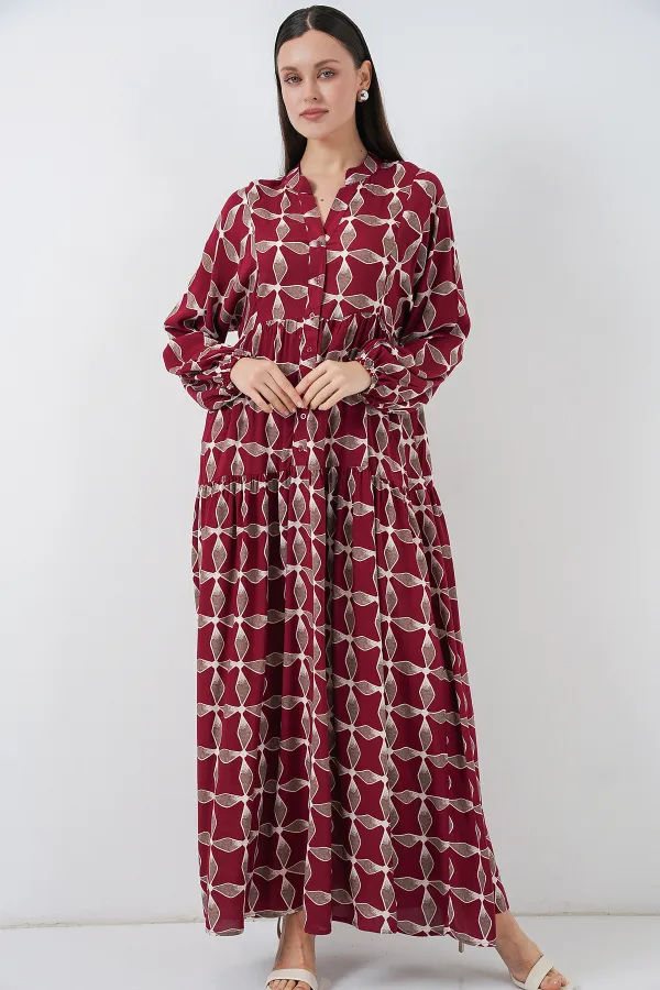 Kadın Desenli Uzun Tesettür Elbise 2585 - F.Bordo