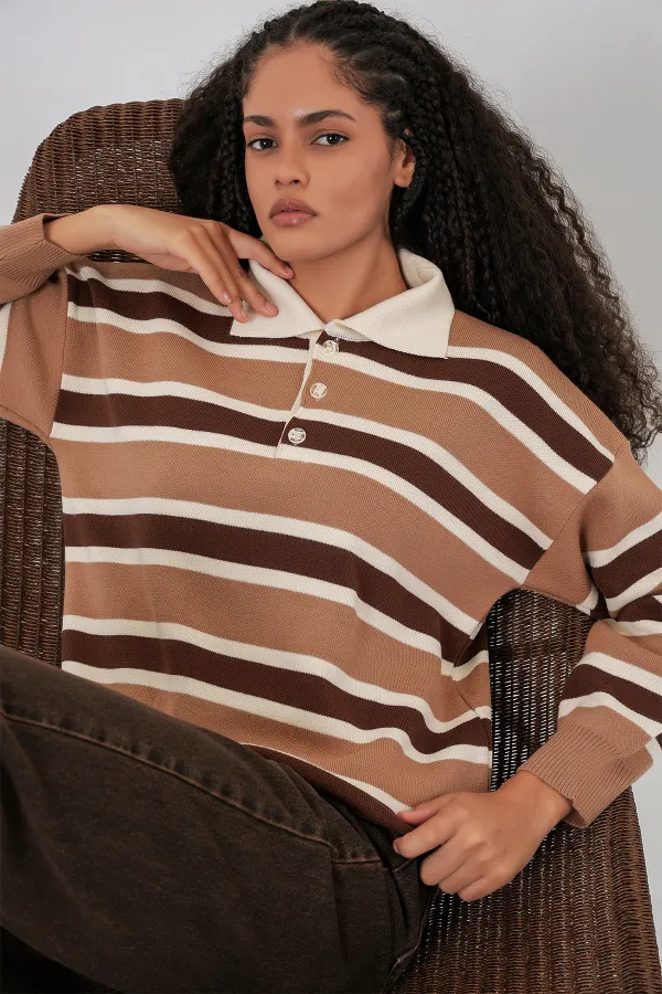 Women's Striped Polo Neck Knitwear Sweater 15952 - Mink