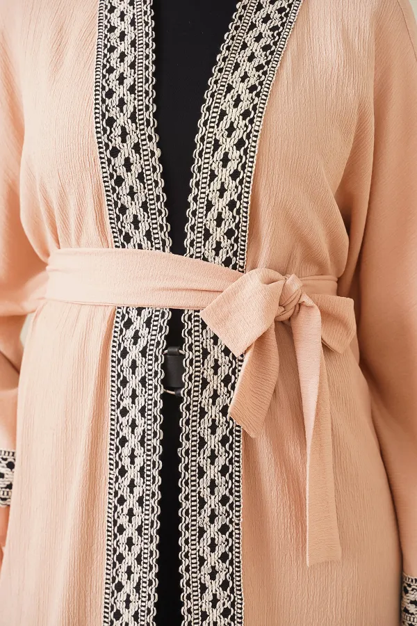 5865 Embroidered Knitted Long Kimono - Biscuit