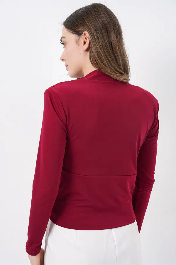 Kadın Omuz Vatkalı Kruvaze Yaka Bluz 942 - Bordo