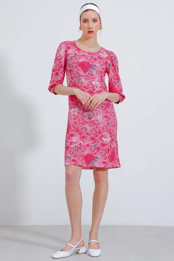 Robe midi pour femme à motif grenade et rose 2477