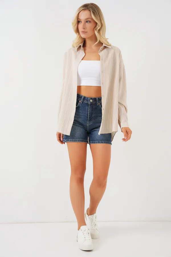 Kadın Çizgili Oversize Gömlek 20293 - Krem