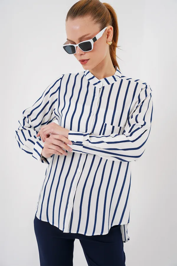 Kadın Uzun Kollu Çizgili Gömlek 20283 - B.Lacivert