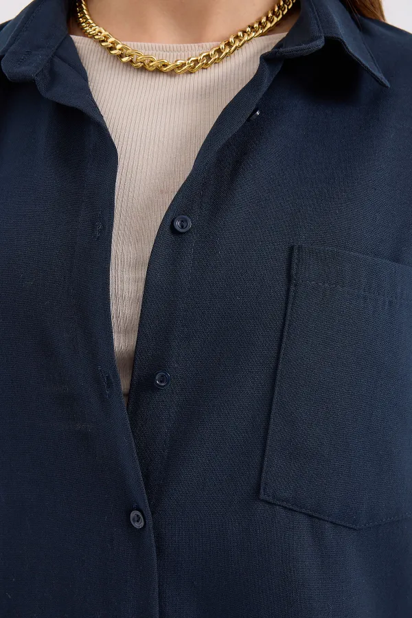 20153 Single Pocket Oversize Linen Shirt - Navy Blue 20153 Single Pocket Oversize Linen Shirt - Navy Blue
