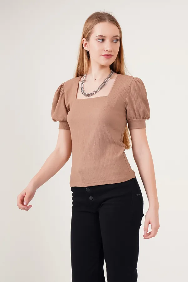 0409 Square Collar Knitted Blouse - Light Brown