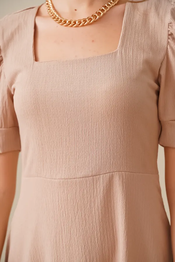 2339 Square Neck Knitted Dress - Biscuit