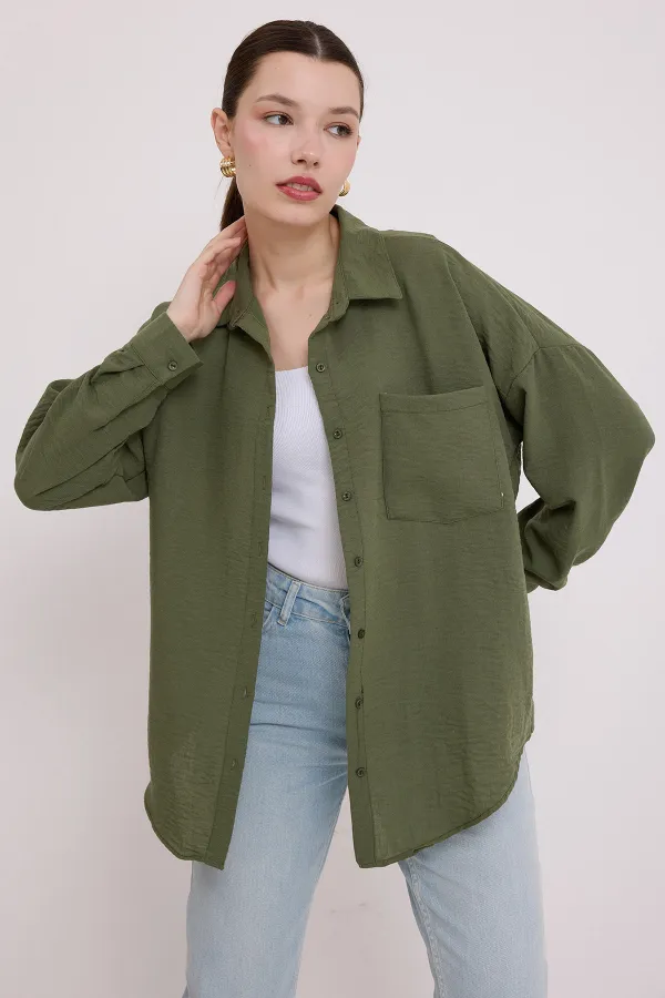 Chemise oversize en lin à poche unique 20153 - Kaki