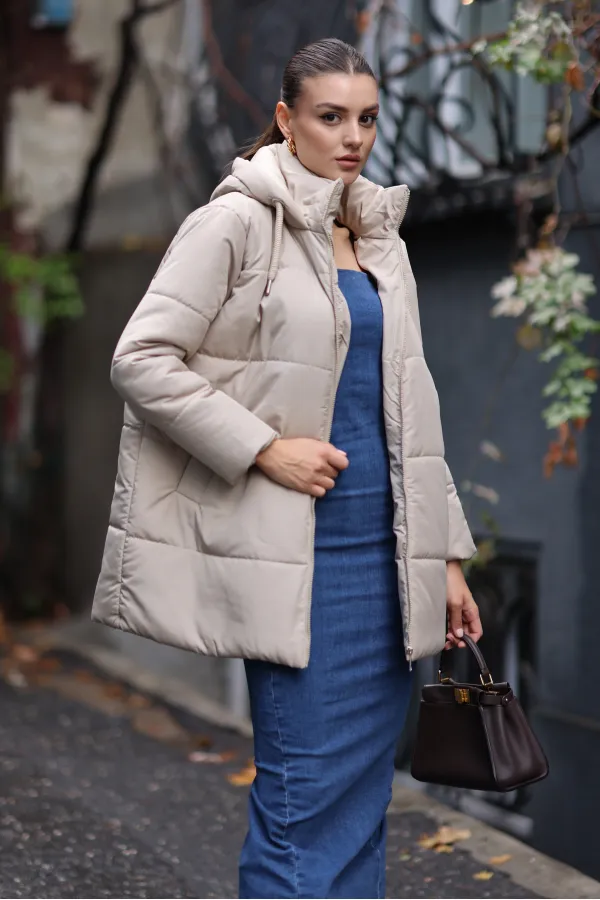 5163 Kapüşonlu Oversize Şişme Mont - Bej