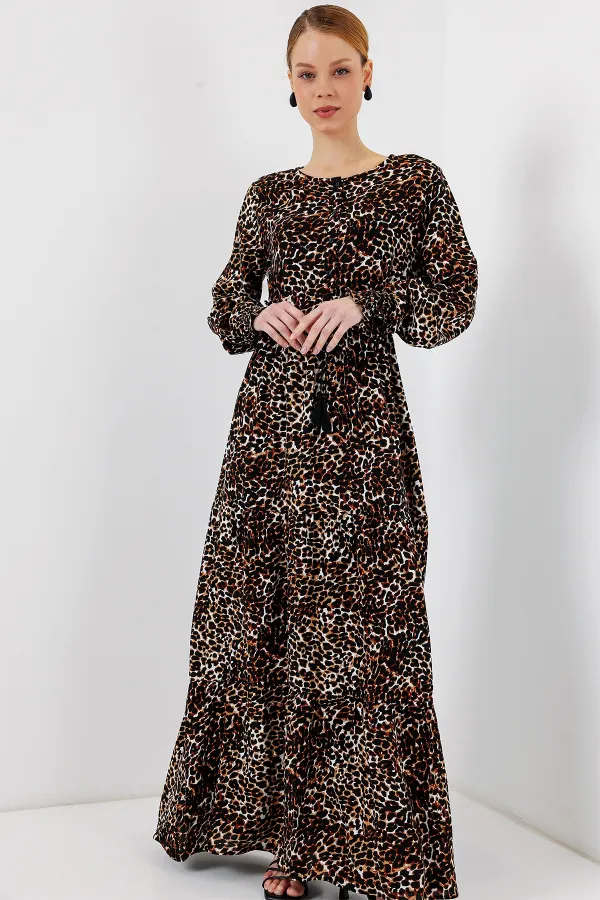 2145 Desenli Tesettür Elbise - C. Kahverengi