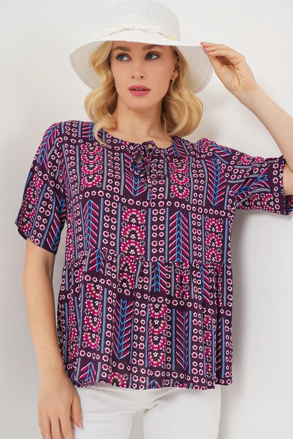 Kadın Desenli Kısa Kol Bluz 969 - Bordo