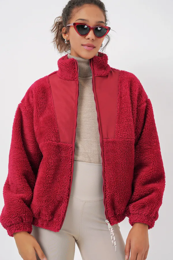 5194 Women's Plush Coat Jacket - Light Claret Red