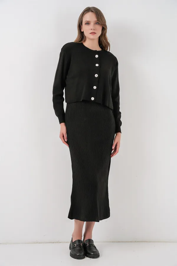 Women's Cardigan Dress Knitwear Two Piece Set 15960 - Black