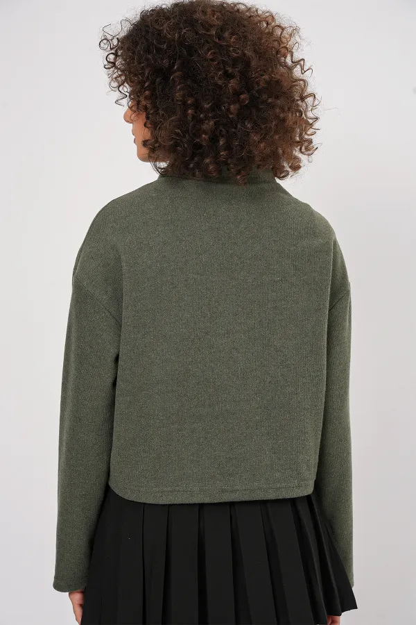 55449 Zippered Collar Knitted Sweatshirt - Khaki