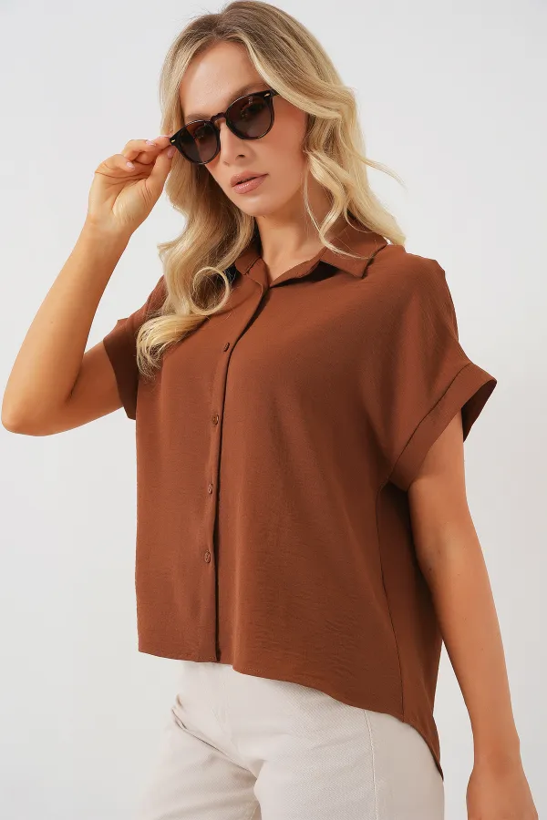 Women's Oversize Short Sleeve Shirt 20322 - Tan