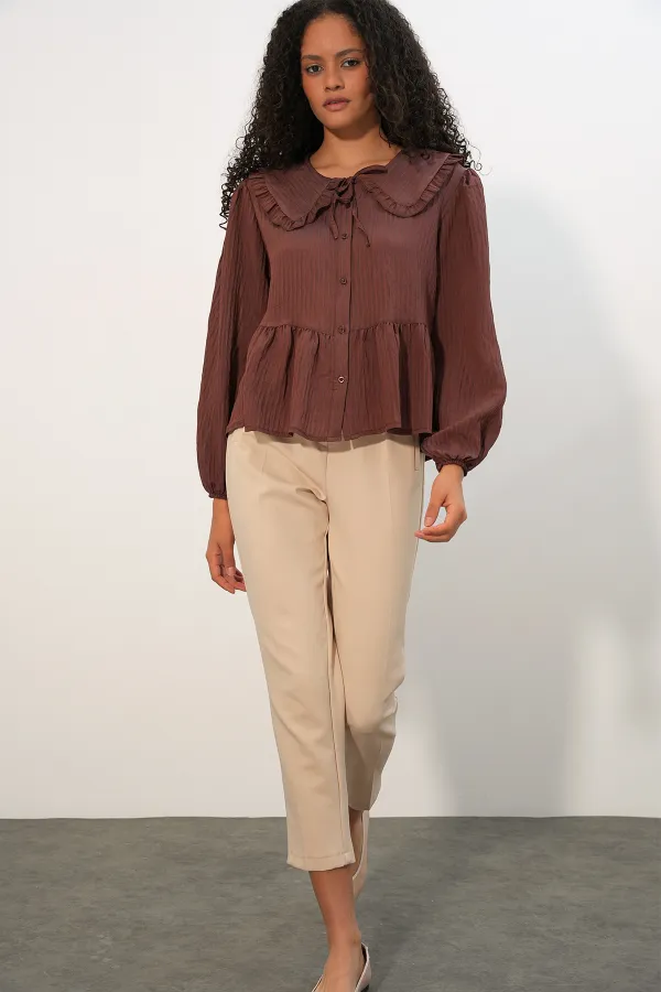 Women's Peter Pan Collar Shirt Blouse 993 - Brown