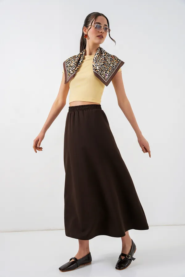 Kadın Beli Lastikli Uzun Etek 8072 - Kahverengi