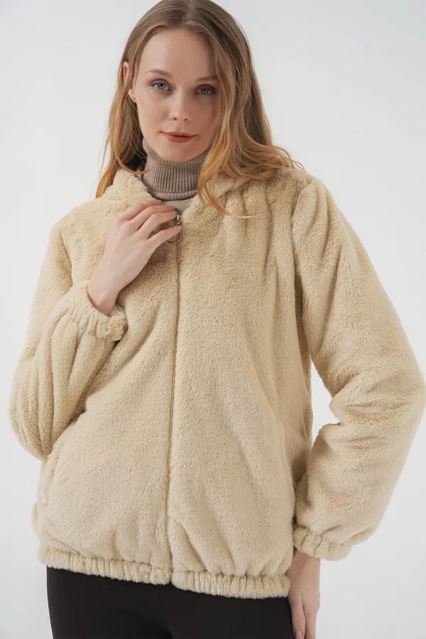 5091 Hooded Fur-Lined Coat with Lining - Biscuit