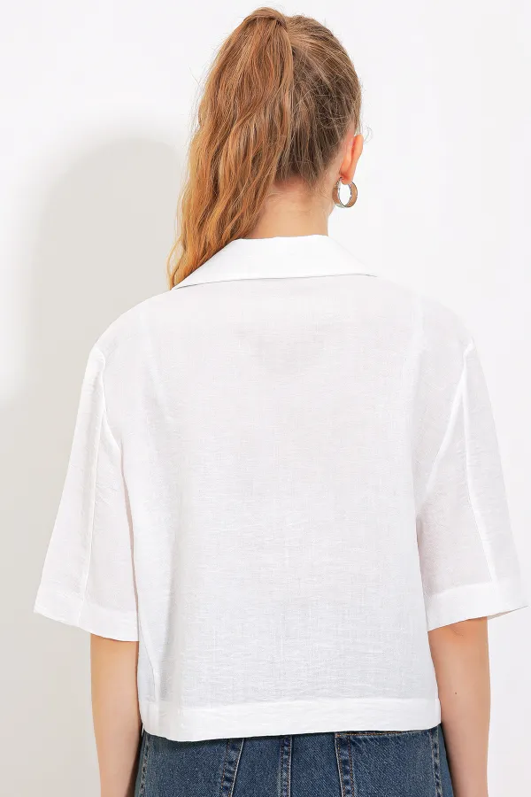 Kadın Beyaz Çift Düğmeli Oversize Crop Keten Ceket 0706