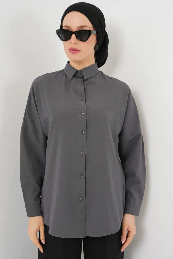 103901 Oversize Basic Tesettür Gömlek - Gri 103901 Oversize Basic Tesettür Gömlek - Gri