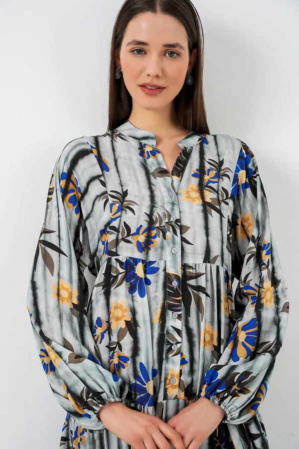 Women's Patterned Long Hijab Dress 2585 - Dark Gray