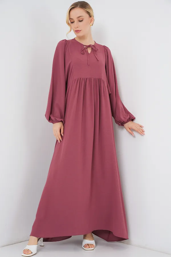 Kadın Balon Kol Uzun Tesettür Elbise 2464 - D.Gül Kurusu