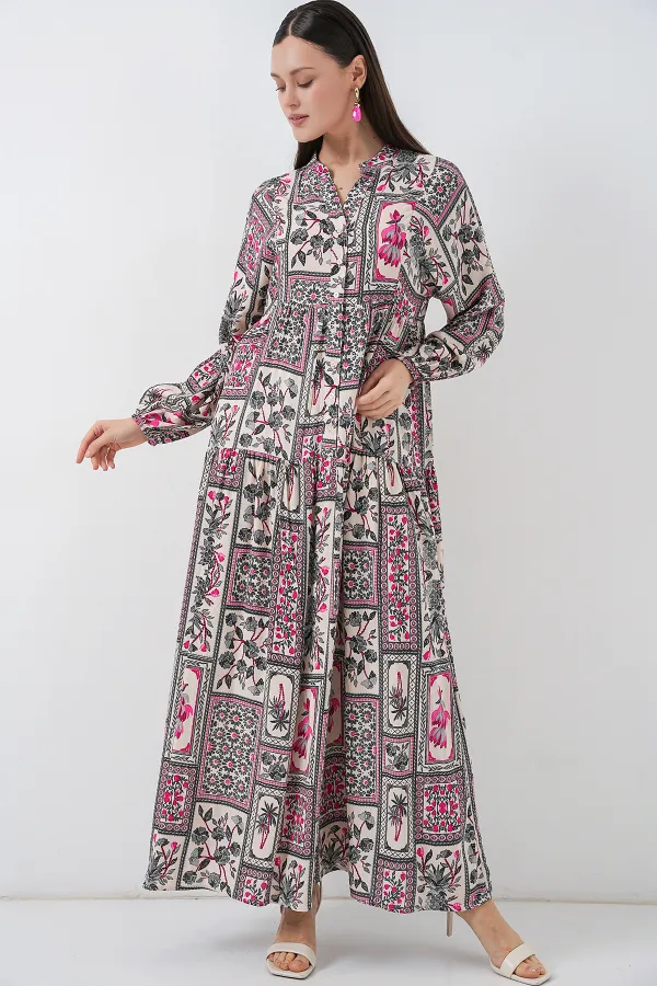 Robe longue hijab à motifs pour femme 2585 - B. Fuchsia
