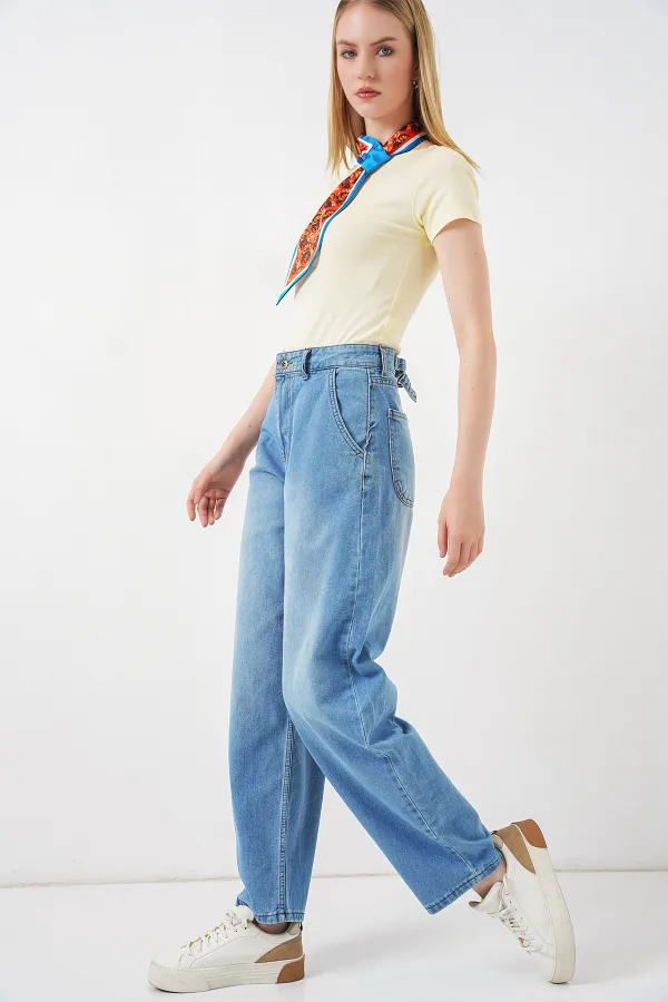 6689 Kadın Yüksek Bel Baggy Kot Pantolon - Açık Mavi