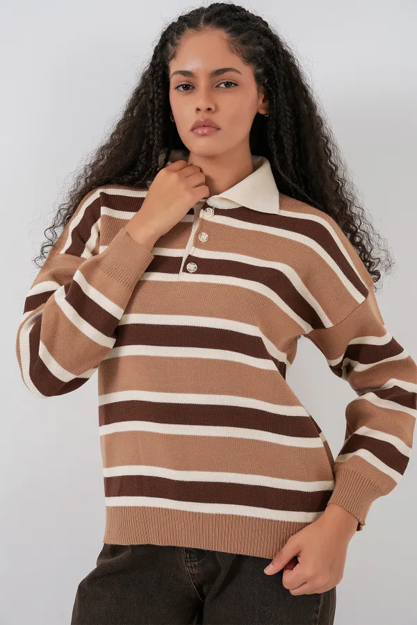 Women's Striped Polo Neck Knitwear Sweater 15952 - Mink