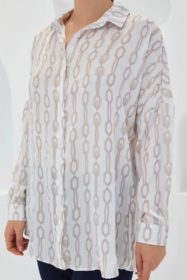 Women's Beige White Patterned Oversize Satin Shirt 3985