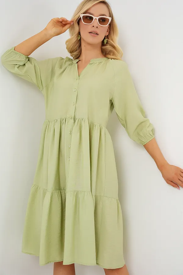 Women's Buttoned Short Sleeve Dress 2559 - E.Green