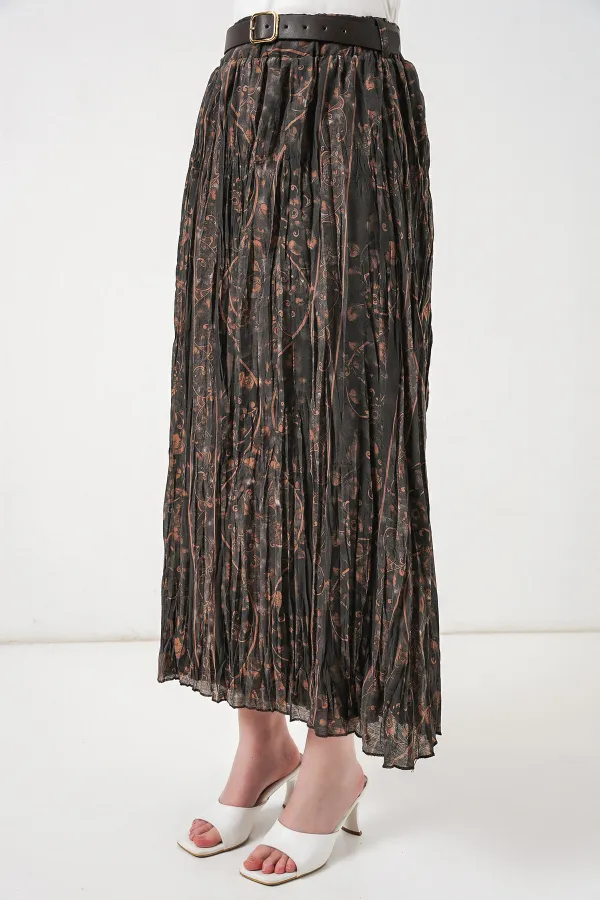 Kadın Kemerli Desenli Etek 8074 - Füme