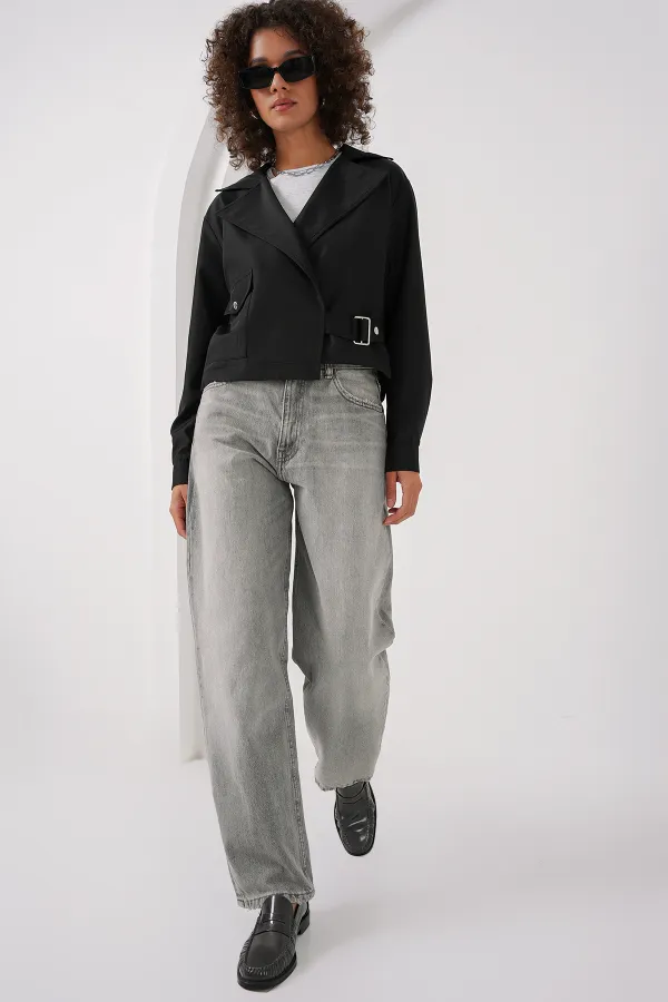 0712 Kruvaze Yaka Kısa Trençkot - Siyah