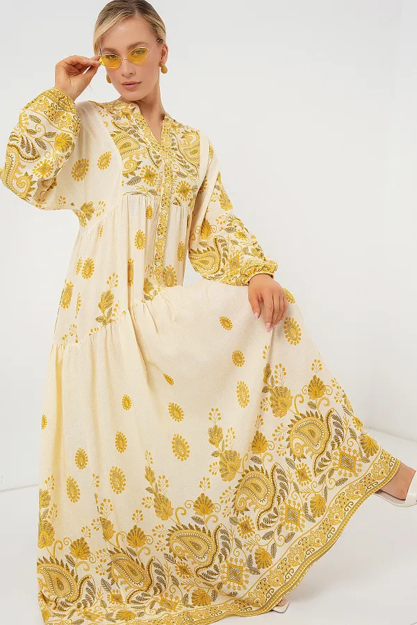 Robe hijab à motifs authentiques 2423 - Jaune