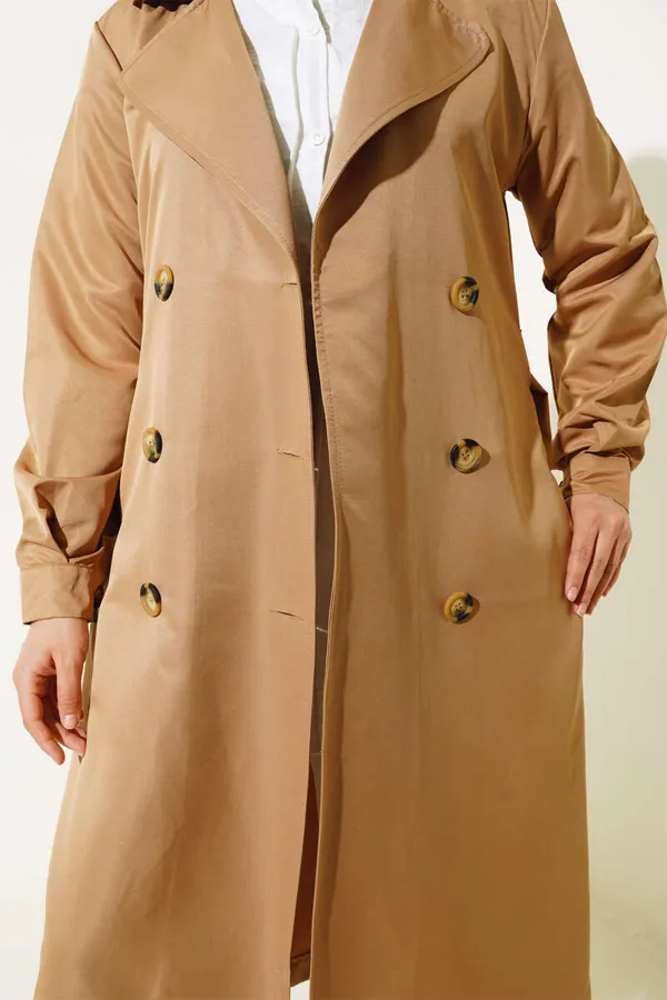 T5853 Double Breasted Hijab Trench Coat - Tan T5853 Double Breasted Hijab Trench Coat - Tan
