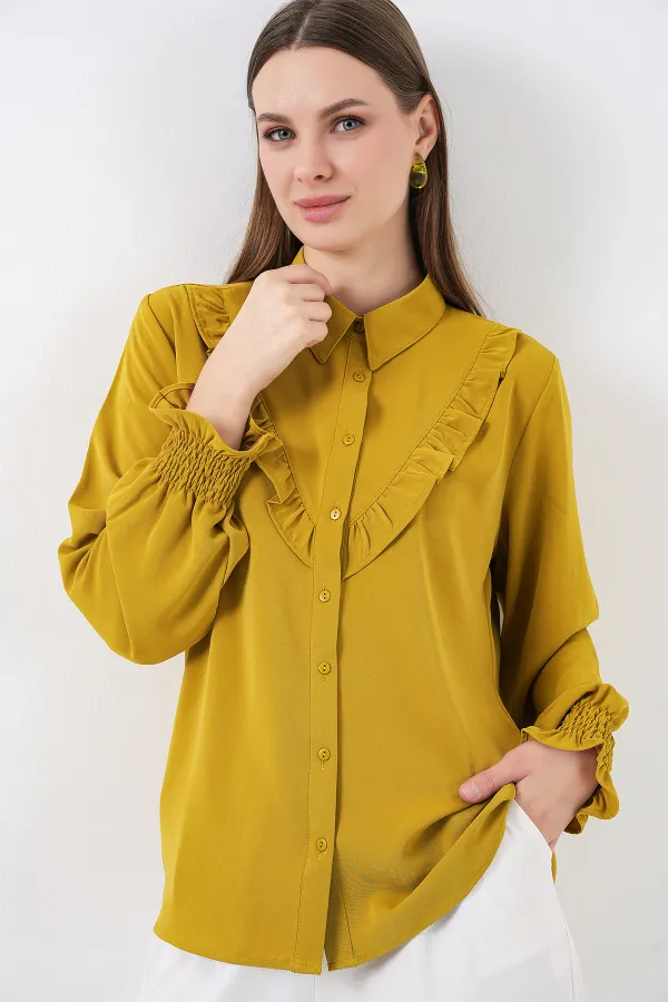 20223 Fırfırlı Uzun Kol Gömlek - Hardal