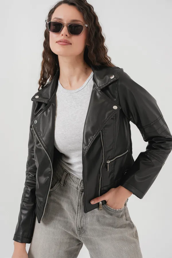 1025 Suni Deri Biker Ceket - Siyah