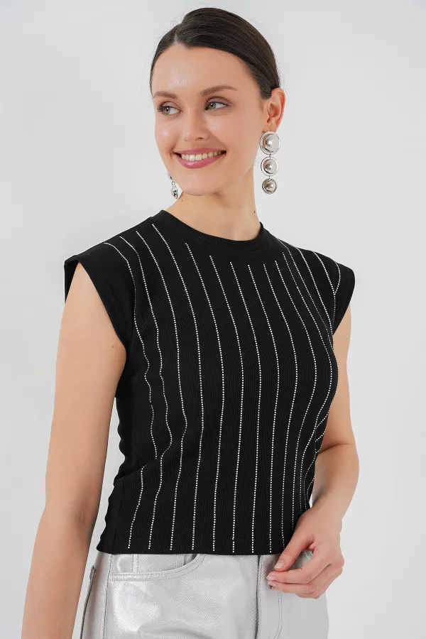 Chemisier sans manches orné pour femme 931 - Noir