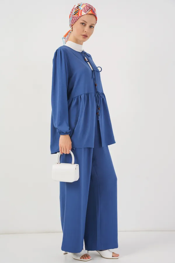 Ensemble deux pièces tunique et pantalon à lacets pour femme 6744 - Indigo
